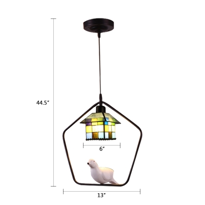 Stained Glass House Hanging Light Tiffany Style 1 Bulb Suspended Lamp in Multicolor with Bird