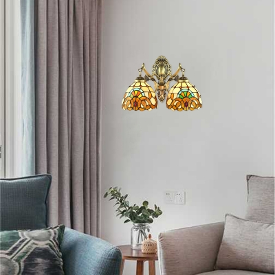 Tiffany Dome Shaped 2-Light Wall Sconce with Antique Brass Arm in Baroque Style, Multicolored