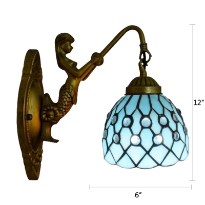 Tiffany Loft Beige/Blue/Green/Purple Dome Pattern Glass Shade Wall Sconce with Mermaid Lamp Backplate
