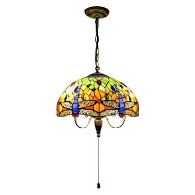 Tiffany Style Dragonfly Pendant Light Glass Triple Light Pull Chain Drop Light in Multi Color