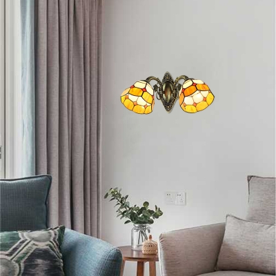 Two Light Double Wall Sconce with Orange Colored Glass Shade in Tiffany Style