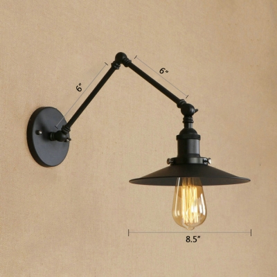 1 Head Cone Wall Sconce Vintage Iron Adjustable Wall Light in Black for Bedroom Library