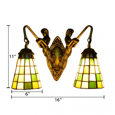 16-Inch Wide Tiffany Two Light Wall Sconce with Plaid Pattern Glass Shade in Green