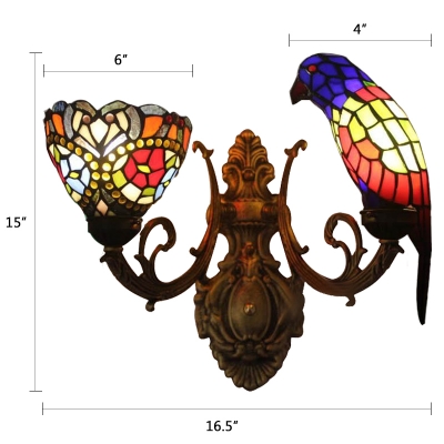 2 Heads Parrot and Flower Wall Light Tiffany Stained Glass Wall Light in Multicolor