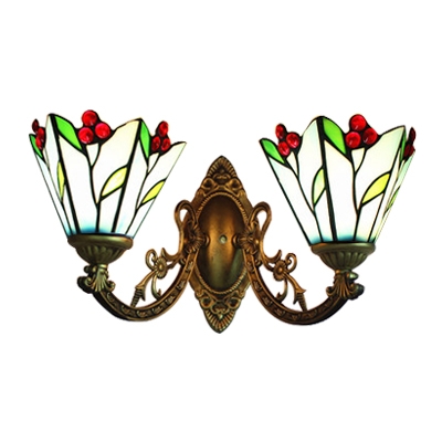 Aqua Leaf Design Lighting Fixture Tiffany Style Stained Glass 2 Heads Wall Sconce