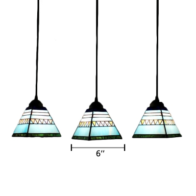 Blue/Pink Pyramid Hanging Lamp Tiffany Retro Style Stained Glass Accent Triple Pendant Light