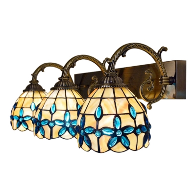 Bowl Shade Sconce Light with Blue Bead Tiffany Style Shell 3 Heads Lighting Fixture for Bedroom