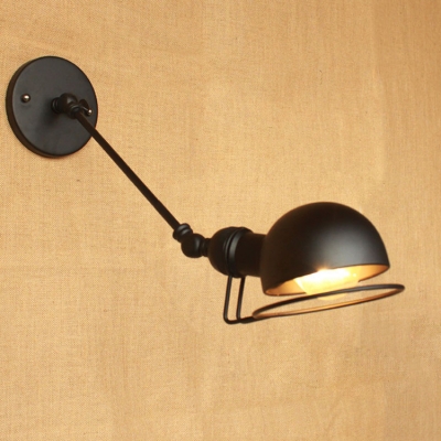 Dome Wall Light Fixture Loft Style Rotatable Metal Single Bulb Wall Sconce in Black