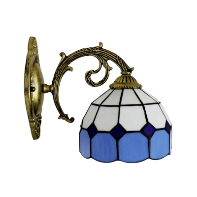 Dome Wall Sconce Industrial Tiffany Style Stained Glass Wall Light in Blue/Yellow