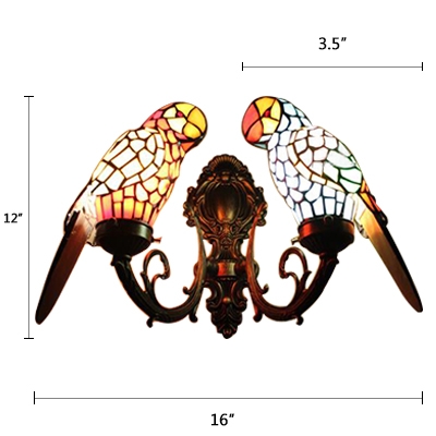 Double Parrot Wall Lamp Tiffany Retro Stained Glass 2 Bulbs Lighting Fixture in Brass/Bronze
