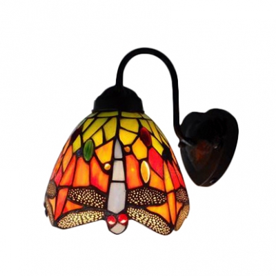 Dragonfly/Flower Wall Lamp Traditional Tiffany Style Stained Glass Wall Sconce in Multicolor
