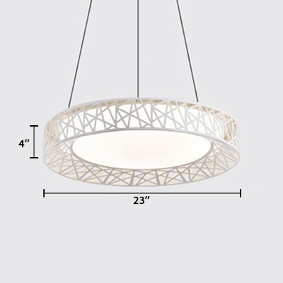Drum Shaped Cage Pendant Light White Finish Simple Style Metal and Acrylic LED Office Lighting