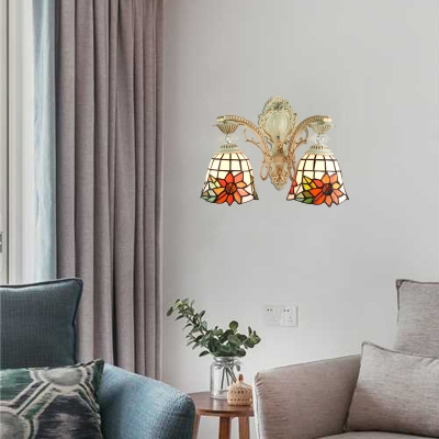 Floral Theme and Bell Shaped Glass Shade in 16-Inch Wide Tiffany-Style Double Light Wall Sconce