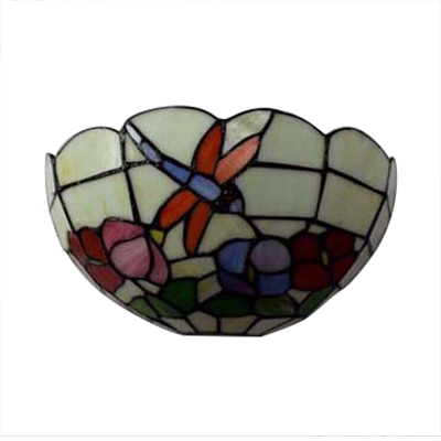 Flower and Dragonfly Theme Double Light Tiffany Wall Lamp for Restaurant 12-Inch Wide