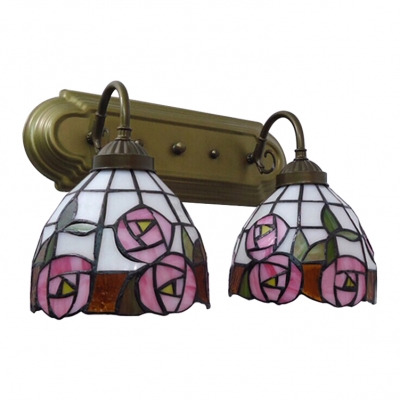 Rosebud Wall Light Sconce Traditional Stained Glass 2 Heads Lighting Fixture in Pink