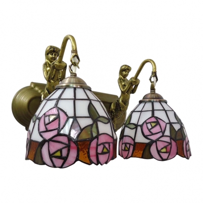Rosebud Wall Light Sconce Traditional Stained Glass 2 Heads Lighting Fixture in Pink