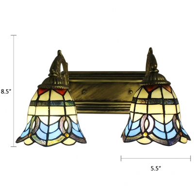 Stained Glass Bell Wall Lamp Baroque Tiffany 2 Heads Sconce Lighting in Blue for Foyer