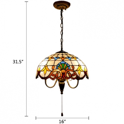 Stained Glass Dome Pendant Light Victorian Vintage 3 Light Accent Drop Ceiling Lighting