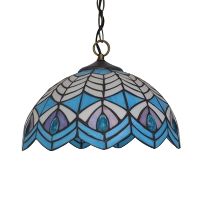 Tiffany Nautical Dome Hanging Lamp Stained Glass Decorative Ceiling Pendant Light in Blue