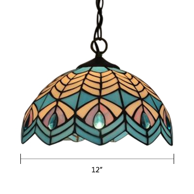 Tiffany Nautical Dome Hanging Lamp Stained Glass Decorative Ceiling Pendant Light in Blue