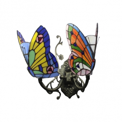 Tiffany Style Butterfly Wall Light Stained Glass 2 Heads Accent Wall Sconce in Blue/Orange