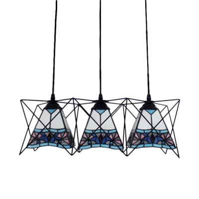 Tiffany Style Pyramid Drop Light Stained Glass 3 Lights Suspended Lamp in Black Finish