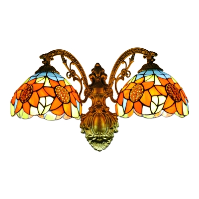 Tiffany Style Sunflower Sconce Lighting Stained Glass 2 Head Wall Sconce in Multicolor