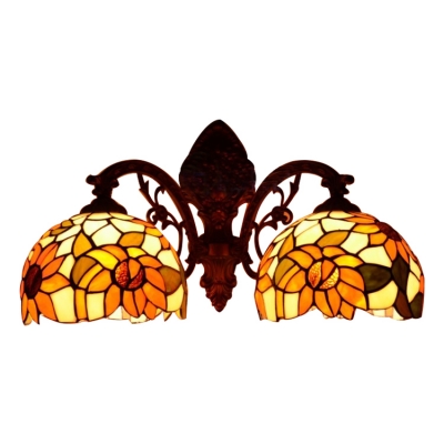 Tiffany Style Sunflower Sconce Lighting Stained Glass 2 Head Wall Sconce in Multicolor