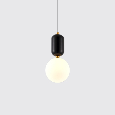 White Glass Globe Mini Pendant Contemporary 1-LED Restaurant Suspension Lamp in Black Finish