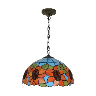 2 Lights Sunflower Design Hanging Light Tiffany Style Stained Glass Drop Light in Multi Color