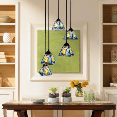5 Lights Sailboat Pendant Light Nautical Tiffany Blue Glass Art Deco Hanging Lamp for Living Room