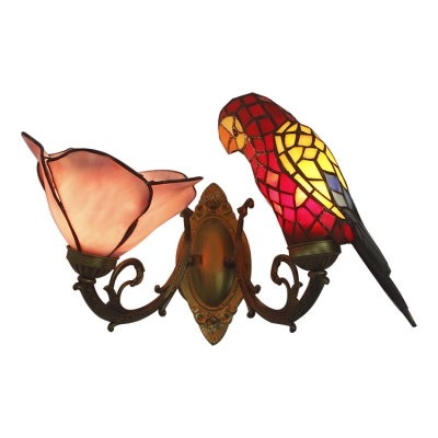 Animal and Flower Wall Lamp Tiffany Style Stained Glass Double Heads Wall Lamp in Red