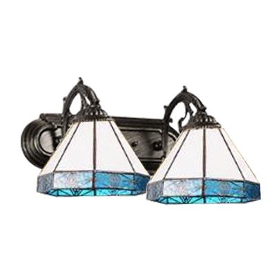 Blue Geometric Lighting Fixture Tiffany Craftsman Stained Glass 2 Heads Sconce Lighting