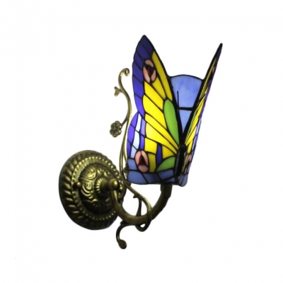 Butterfly Accent Wall Lamp Tiffany Style Wall Sconce Stained Glass in Antique Brass for Children Room