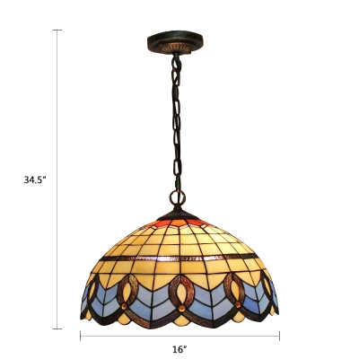 Dome Pendant Lamp Baroque Tiffany Style Stained Glass 2 Light Suspended Light in Blue