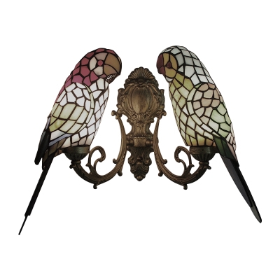 Double Parrot Wall Lamp Tiffany Retro Stained Glass 2 Bulbs Lighting Fixture in Brass/Bronze