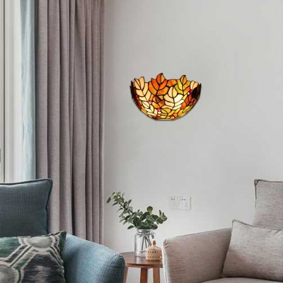 Golden Leaf Motif Single Head Wall Light with Semi-Circle Art Glass Shade 12 Inch Width