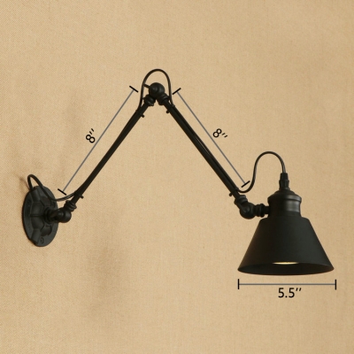 Industrial Concise Cone Wall Sconce Metal 1 Head Wall Mount Fixture in Black with Swing Arm