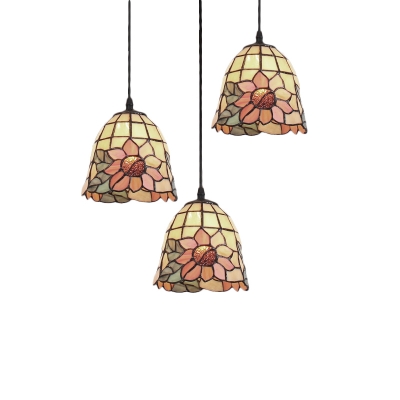 Multicolor Sunflower Design Hanging Lamp Tiffany Style Stained Glass Triple Pendant Light