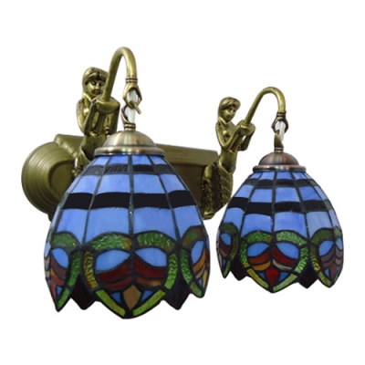 Navy Blue Dome Wall Sconce Tiffany Retro Style Stained Glass 2 Light Wall Mount Light
