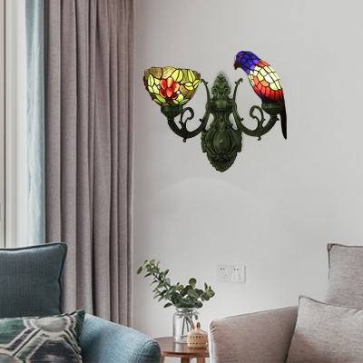 Parrot and Flower Wall Mount Fixture Tiffany Stained Glass 2 Lights Wall Sconce in Multicolor