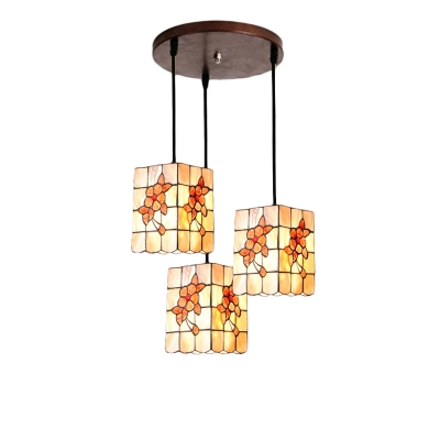 Shelly Rectangle Suspended Light Tiffany Style Triple Head Ceiling Pendant Lamp in Beige