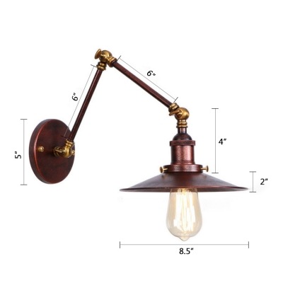 Steel Flared Shade Wall Lamp Vintage 1 Light Sconce Lighting in Rust with Swing Arm