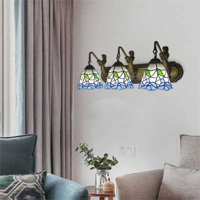 Tiffany Style Floral Wall Mount Fixture Stained Glass 3 Lights Wall Mount Light in Blue/Pink