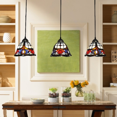 Triple Heads Floral Lighting Fixture Tiffany Retro Style Stained Glass Pendant Light in Multicolor