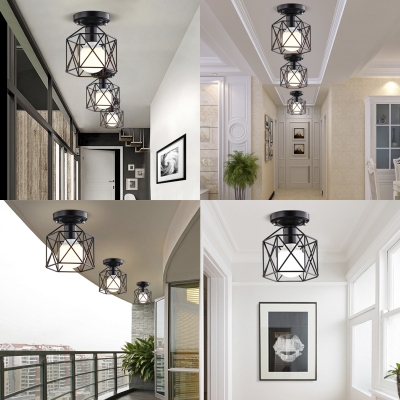 Vintage Style Square Semi Flush Ceiling Light with Cage