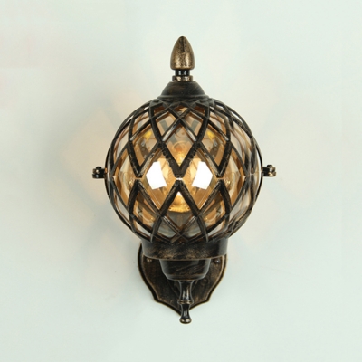 1 Bulb Metal Cage Sconce Light with Globe Glass Shade Industrial Lighting Fixture in Antique Brass