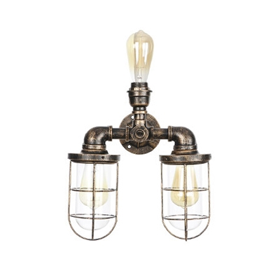 Aged Bronze Metal Cage Wall Lamp Nautical Style Triple Light Wall Lighting for Restaurant
