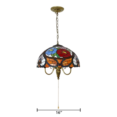 Baroque 3-Light Pendant Light with Tiffany-Style Dome Shaped Glass Shade in Multicolored Finish