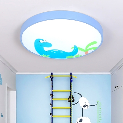 Cartoon Dinosaur Design LED Flush Light with Drum Shade Blue Metallic Ceiling Light for Kindergarten